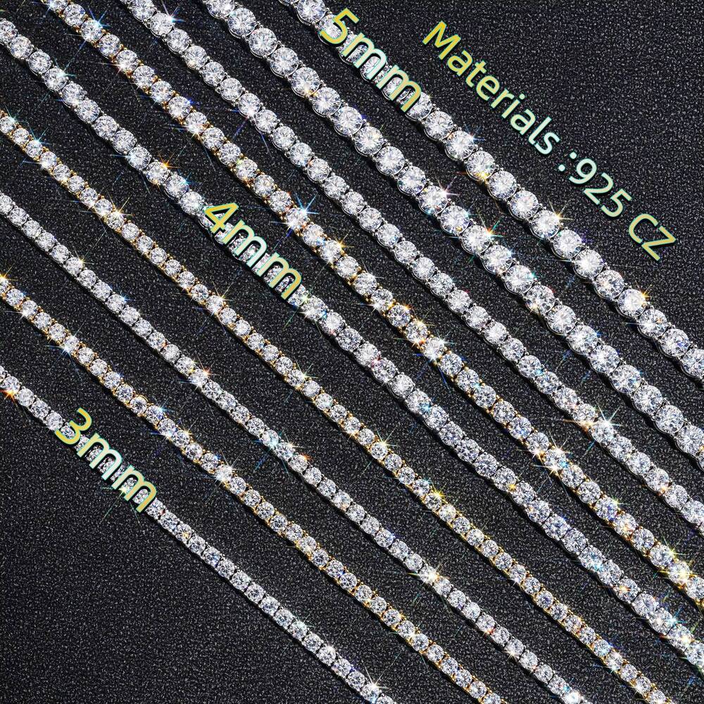 Ready Made Stock Affordable 3mm 4mm 5mm Tennis Chain Moissanite 925 Necklace Bracelet 18k Gold Plated Necklace Hip Hop Rock