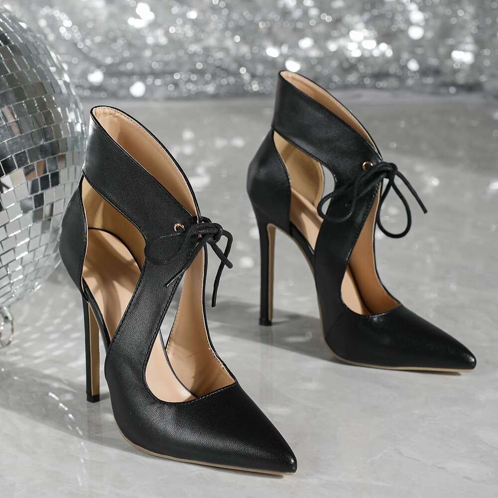 Elegant Black Lace-Up High - 12Cm Stiletto With Bow Detail, Pointed Toe, Comfortable PU Cover, Versatile Work Shoes For Women, Stylish Dressy