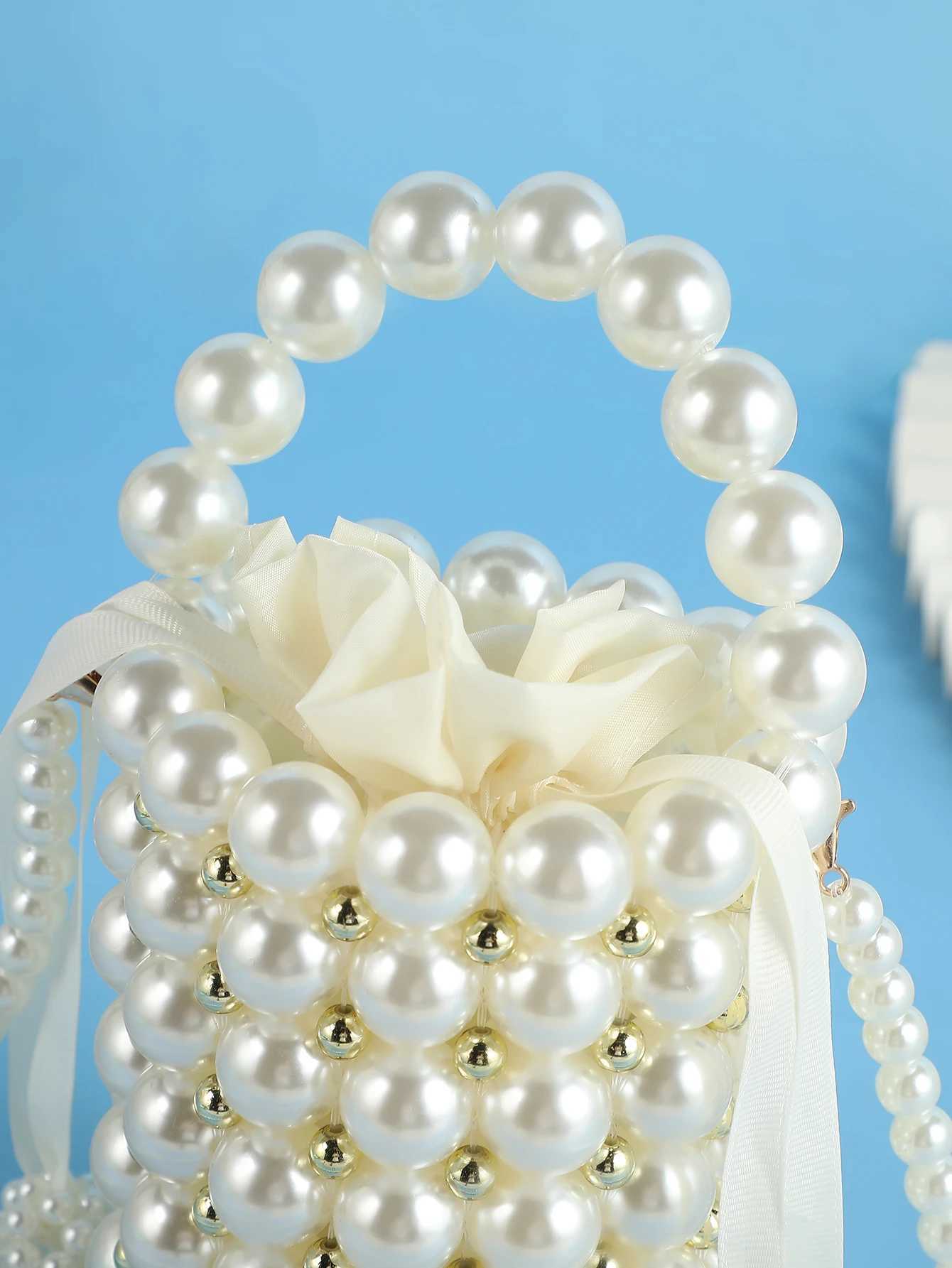 Elegant Womens Handbag with Detachable Pearl Chain Shoulder Strap Handmade Bucket Bag for Dinner Party Evening Gown H251027