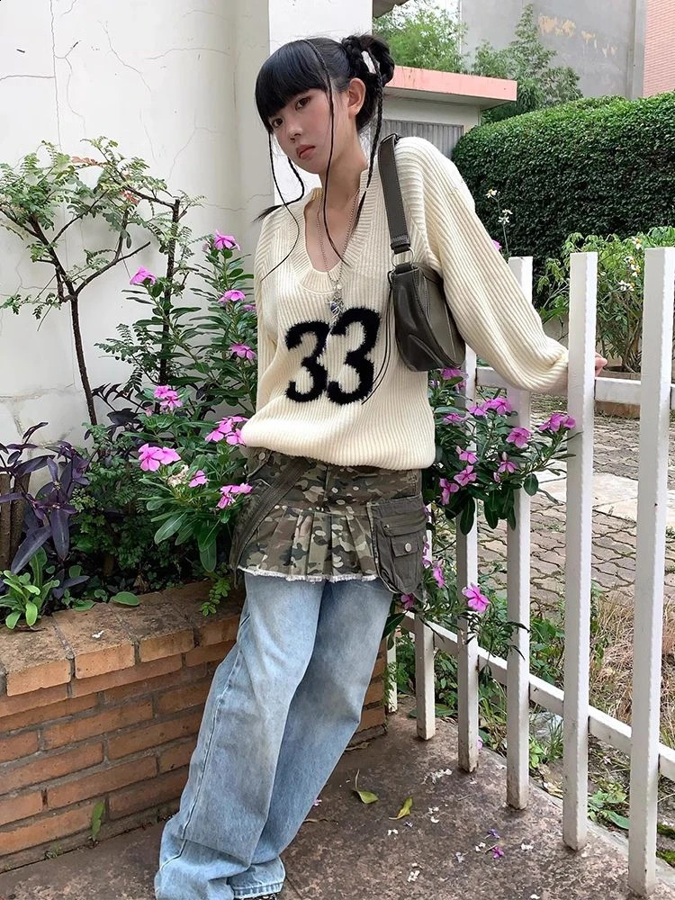 Harajuku Vintage Grunge Letter Jacquard Sweaters Women Y2k Aesthetic Oversized U Neck Jumpers Streetwear Casual Gothic Pullovers 251027
