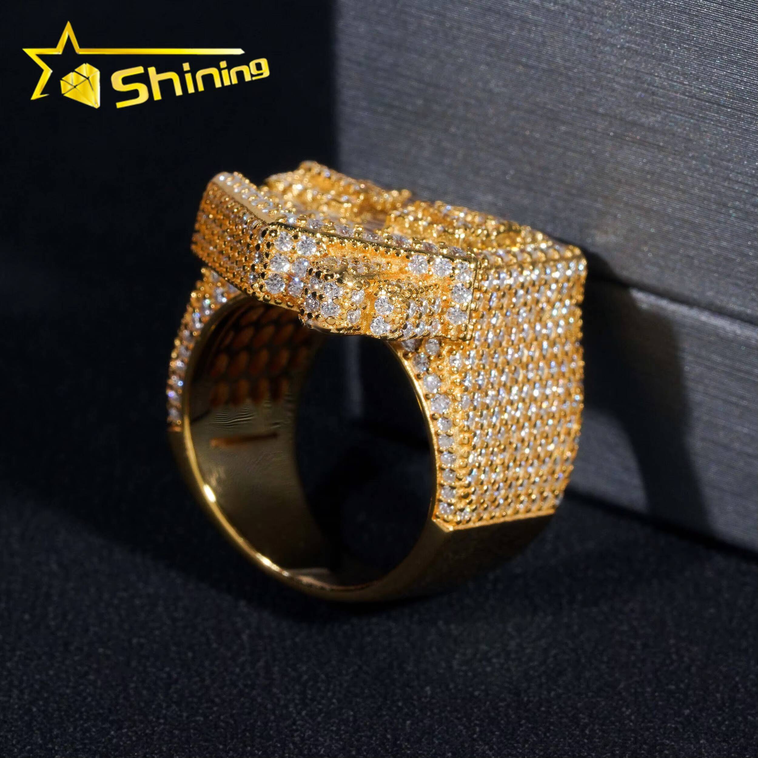 Luxury Rappers Hip Hop Jewelry Gold Plated Solid Inside 925 Sterling Silver Fully Iced Out Traper House Moissanite Ring