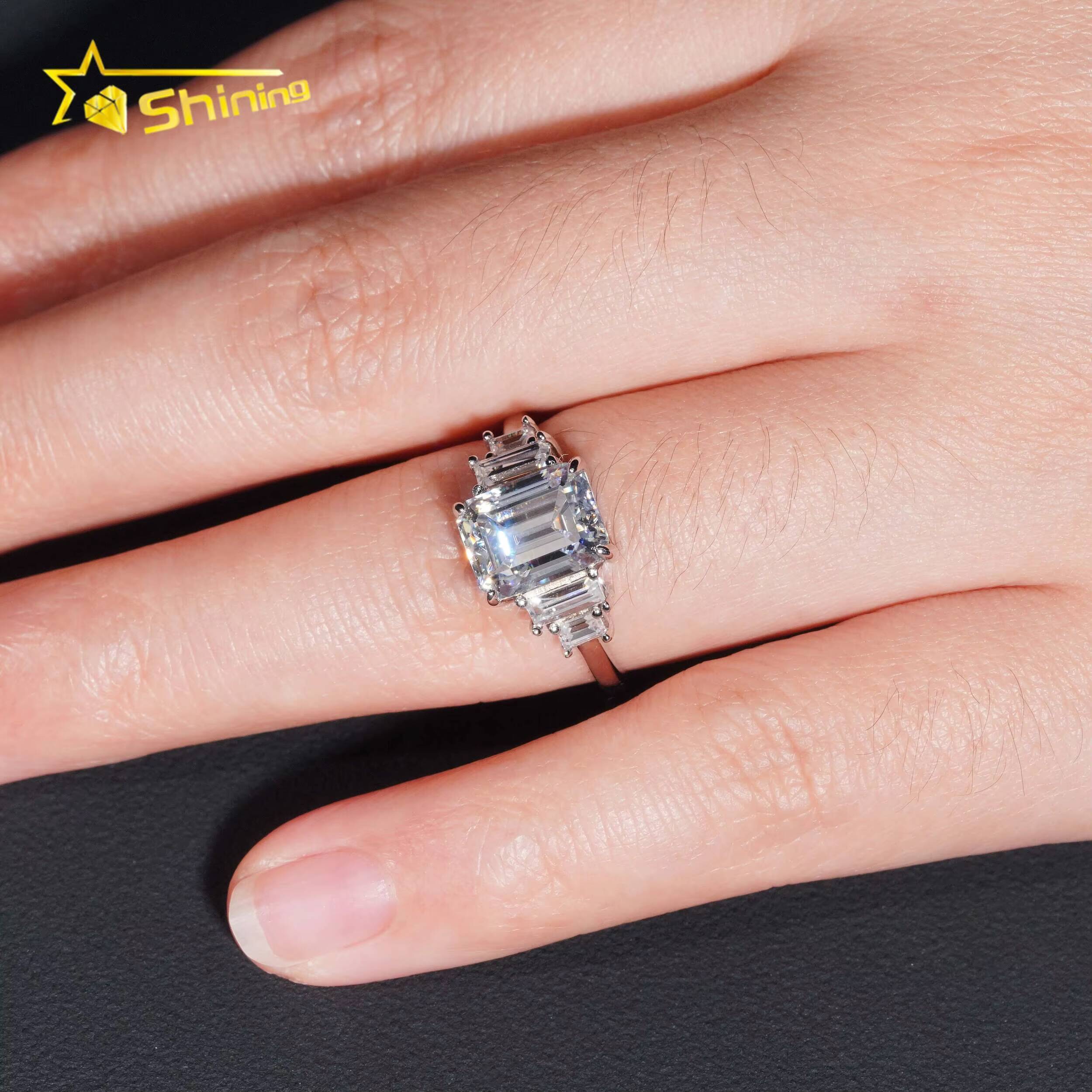 Wholesale Gold Plated Rhodium Plated Vvs Moissanite 925 Silver Diamond Emerald Cut 3ct Women Engagement Wedding Ring