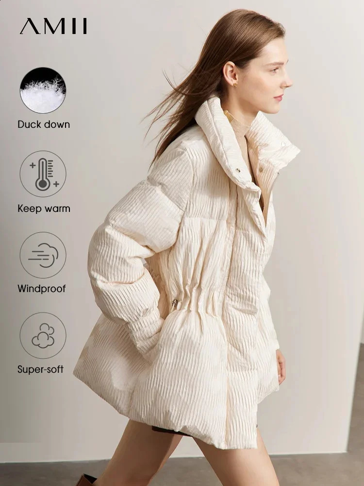 AMII Minimalist Duck Down Puffer Coat Women Winter Lightweight Stand Collar Lapel Warm Outerwear Jackets 12344052 251020