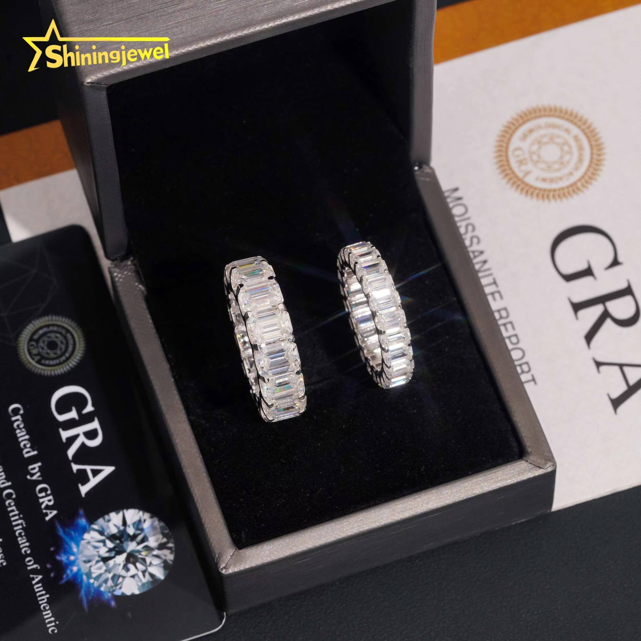 Wedding Jewelry VVS Moissanite Bands Bling 925 Sterling Silver 5x7 3x5 Emerald Eternity Band Ring Engraving Service Available