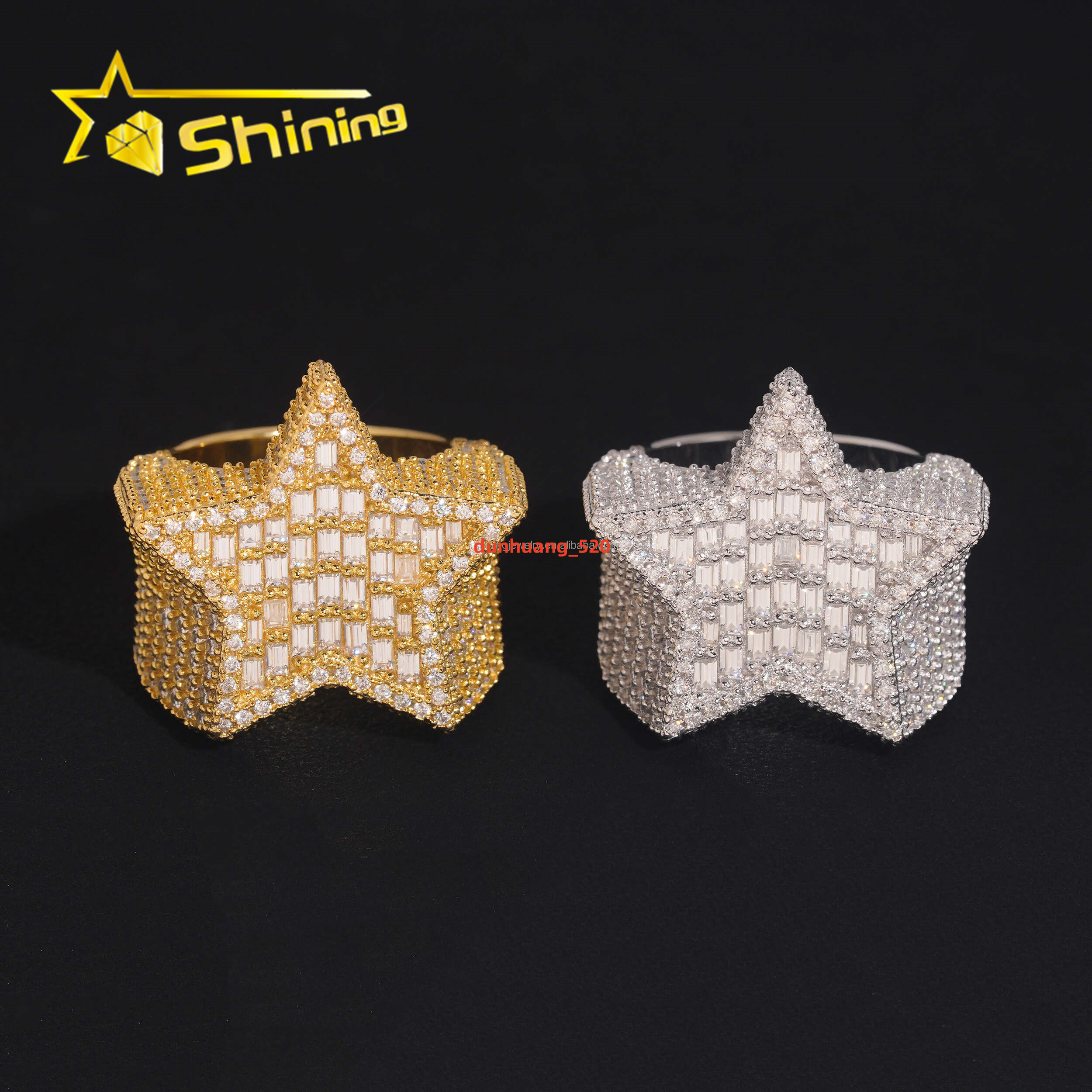 Bulk Stock Drop Shipping Iced Out Hip Hop GRA Certificate FL Baguette Moissanite Diamond Man Gift Iced Out S925 Silver Star Ring