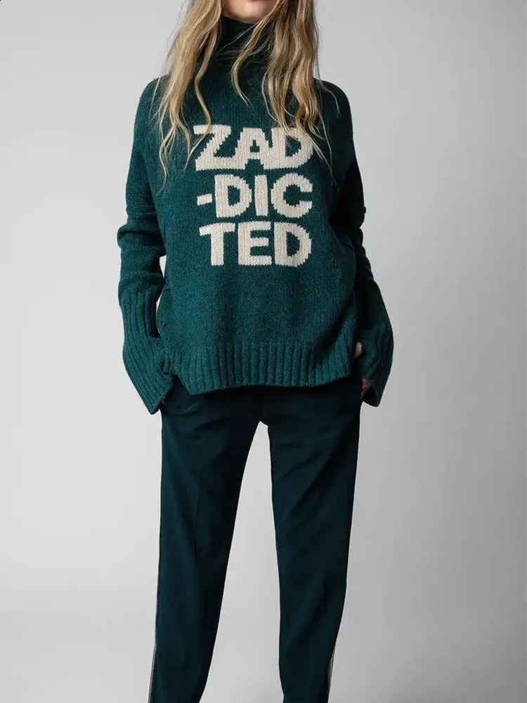 100 Wool Women Turtleneck Sweater Letter Print Long Sleeve Loose Cuffs Slit Female Casual Jumper Autumn Winter 251027