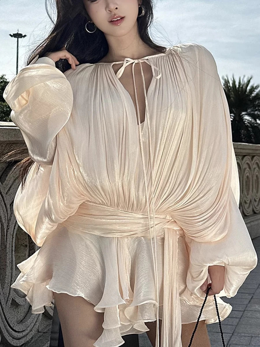 GALCAUR Solid Loose Splicd Lace Up Dresses For Women V Neck Long Sleeves Patchwork Ruffles Tunic Dreses Female Fashio 251027