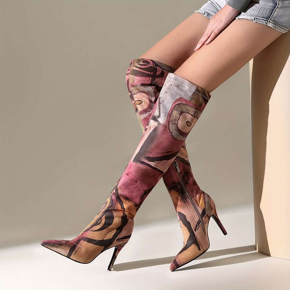 Elegant Over-The-Knee With Artistic Print, Pointed Toe, And Stiletto - Fabric & Faux Cover, Rubber Sole, Zip Closure For Women, High Heel Boots