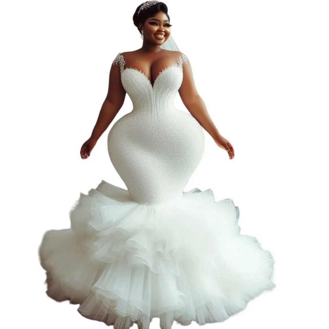 Oversize Aso Ebi Plus Size Wedding Dress in Ivory with Sheer Neck Beaded Sequined and Tulle