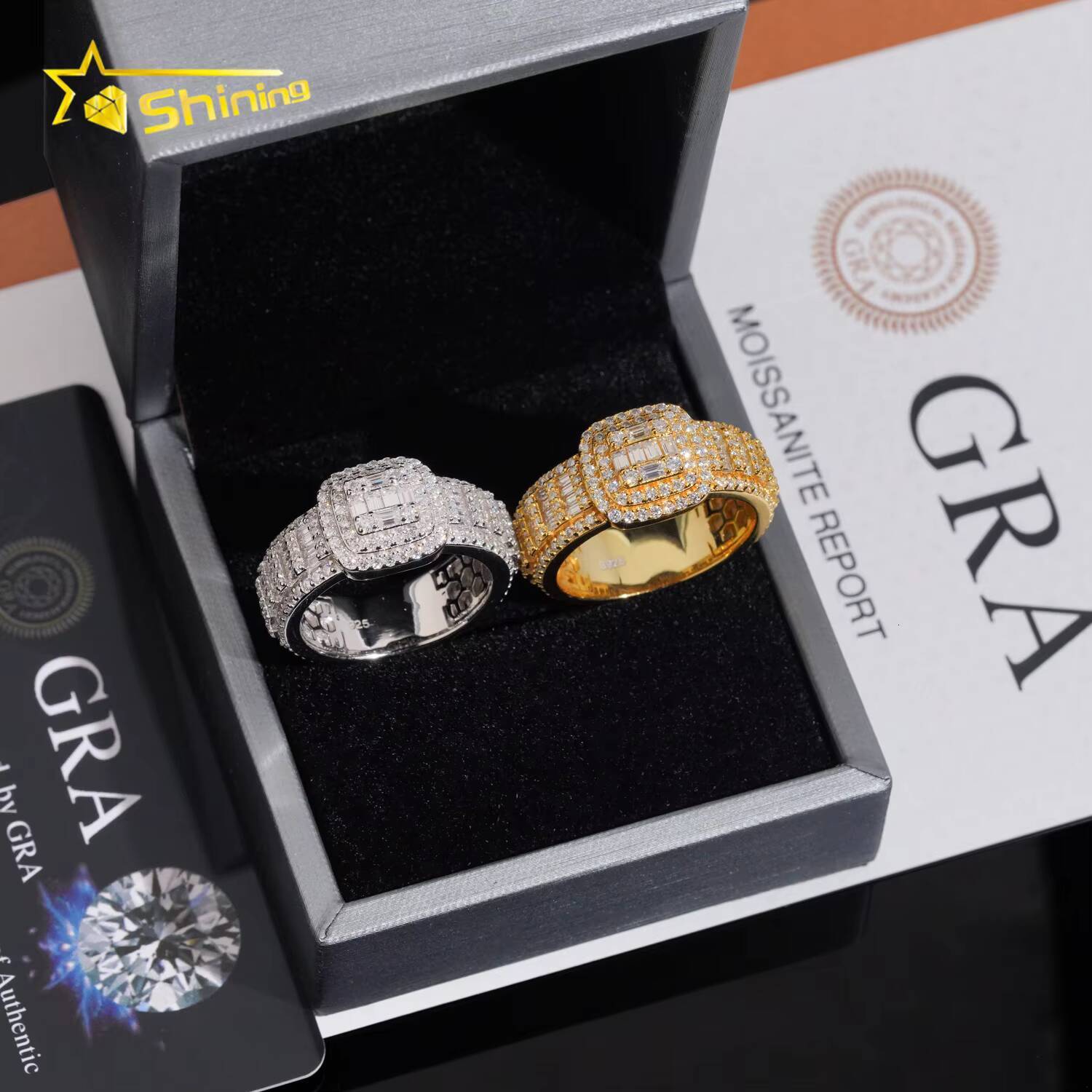 Factory Price GRA Certificate High Quality Solid 925 Silver Gold Plated Fine Jewelry Iced Out Hip Hop Ring Moissanite Men Rings