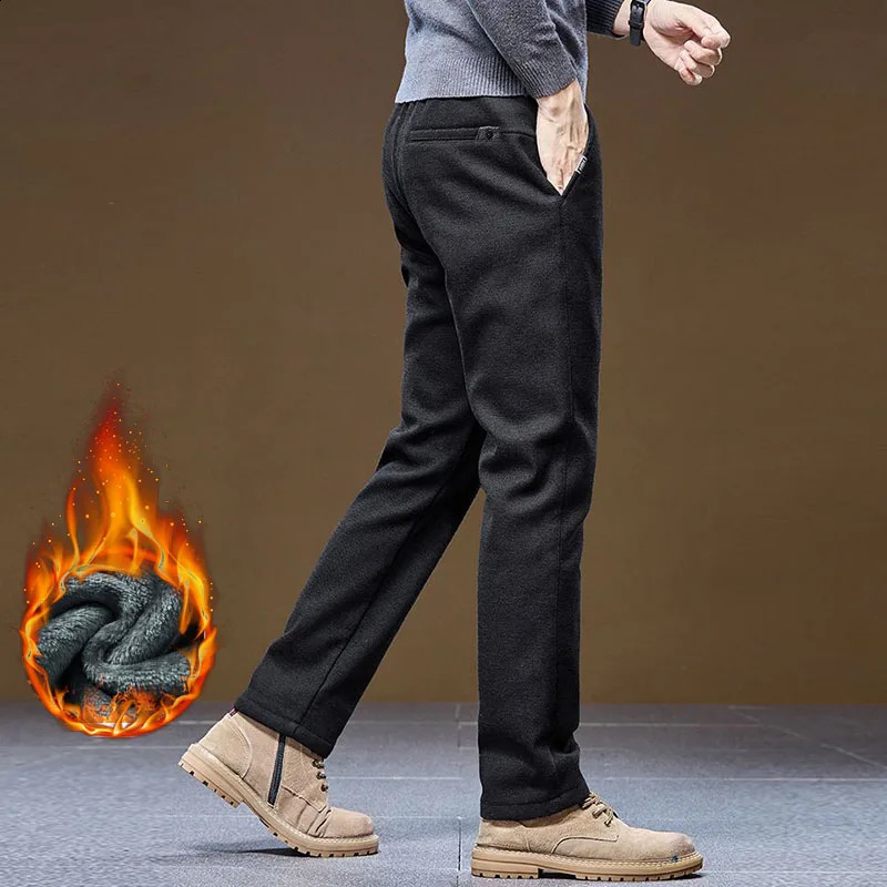 Winter Fleece Thick Casual Pants Mens Business Slim Fit Versatile Classic Trousers Medium Elasticity Formal Wear Wash 251027