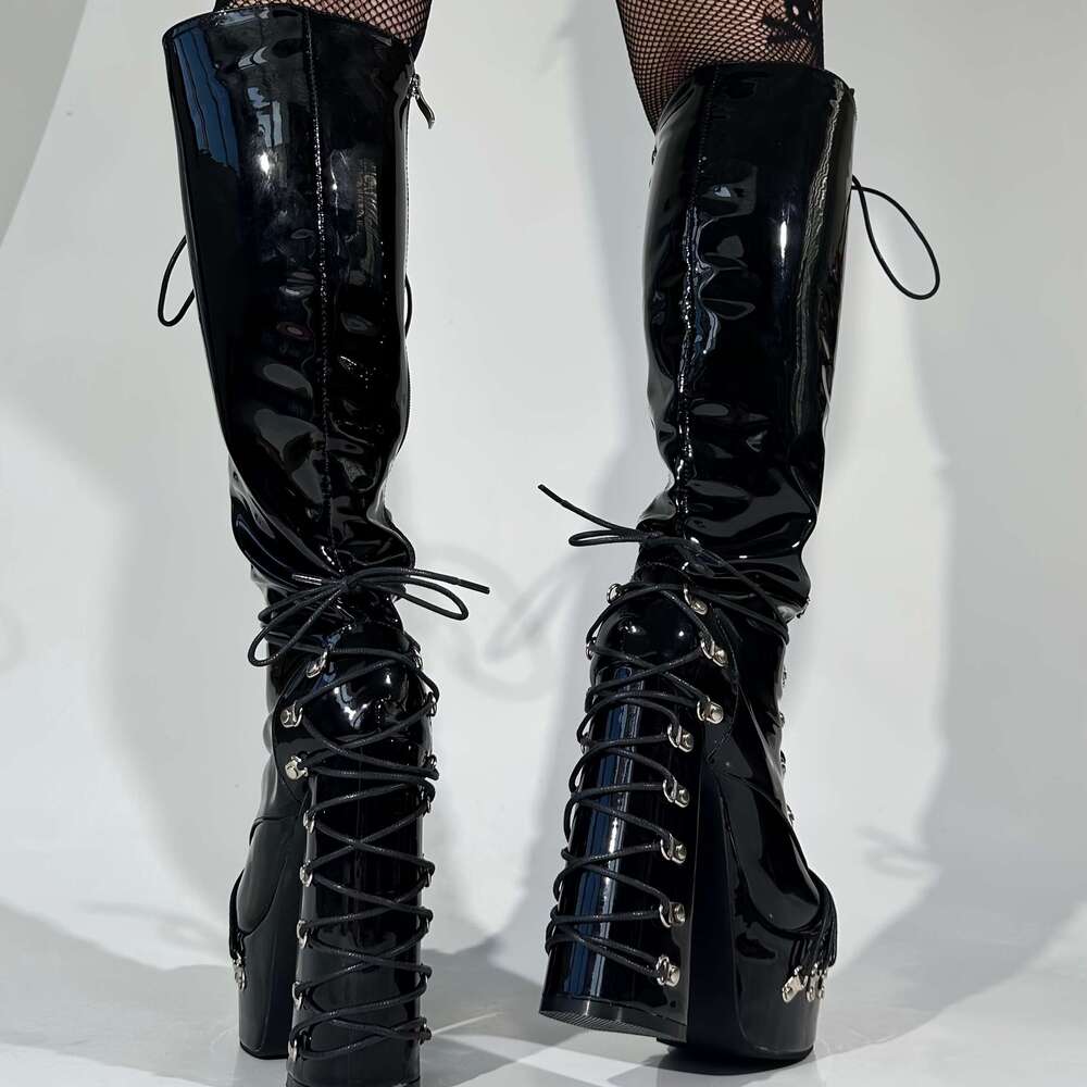 Frankie Hsu Goth Chunky Platform Knee High Heeled Lace Up Boots, Black Patt Siery Multi Buckle Gothic, Punk Y2k Hot Big Large Size Calf Long Shoes For
