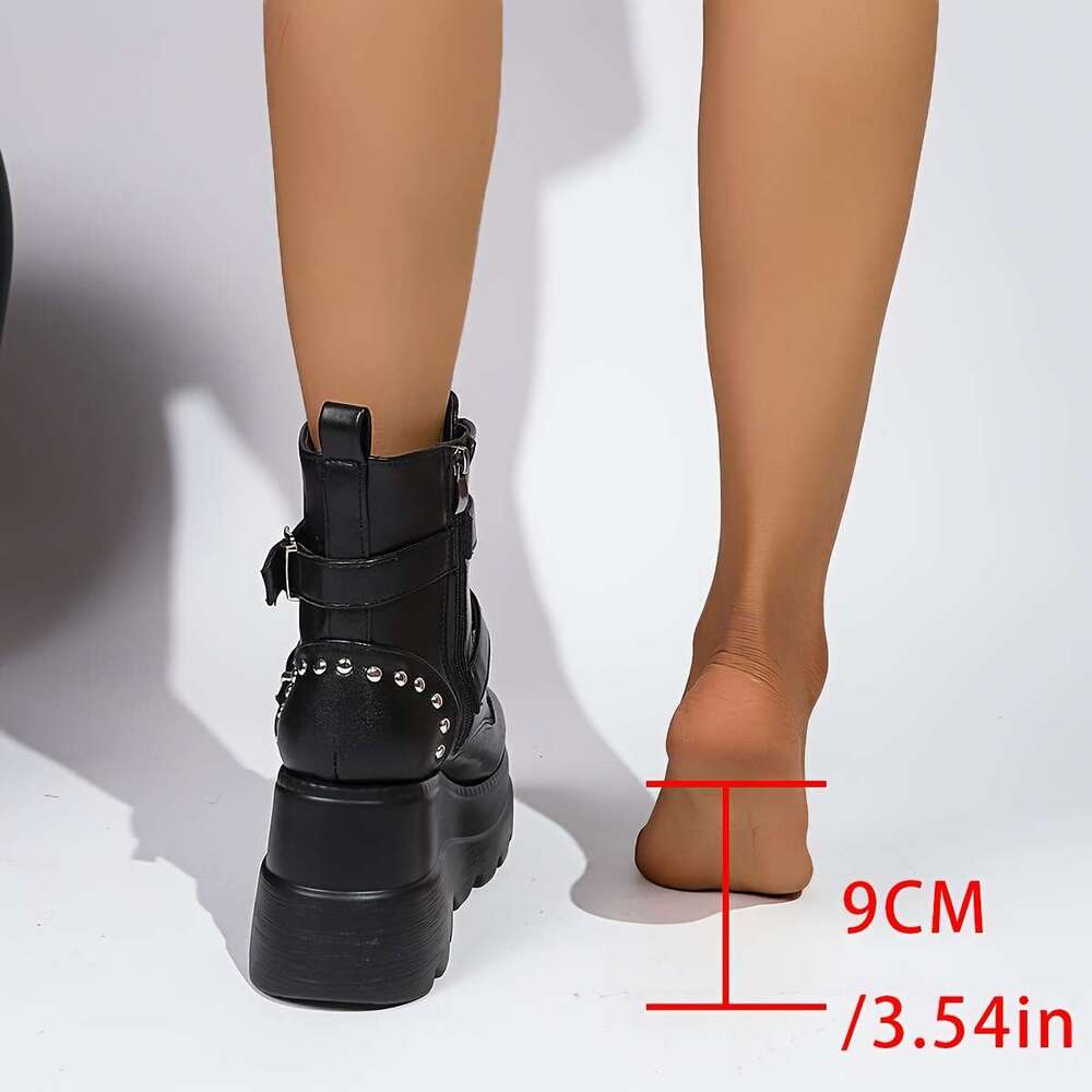 Women's Punk Style Ankle Thick Platform Sole, Side Zipper Closure Chunky Buckle Details - Black Synthetic Cover Round Toe Boots With Cushioned In