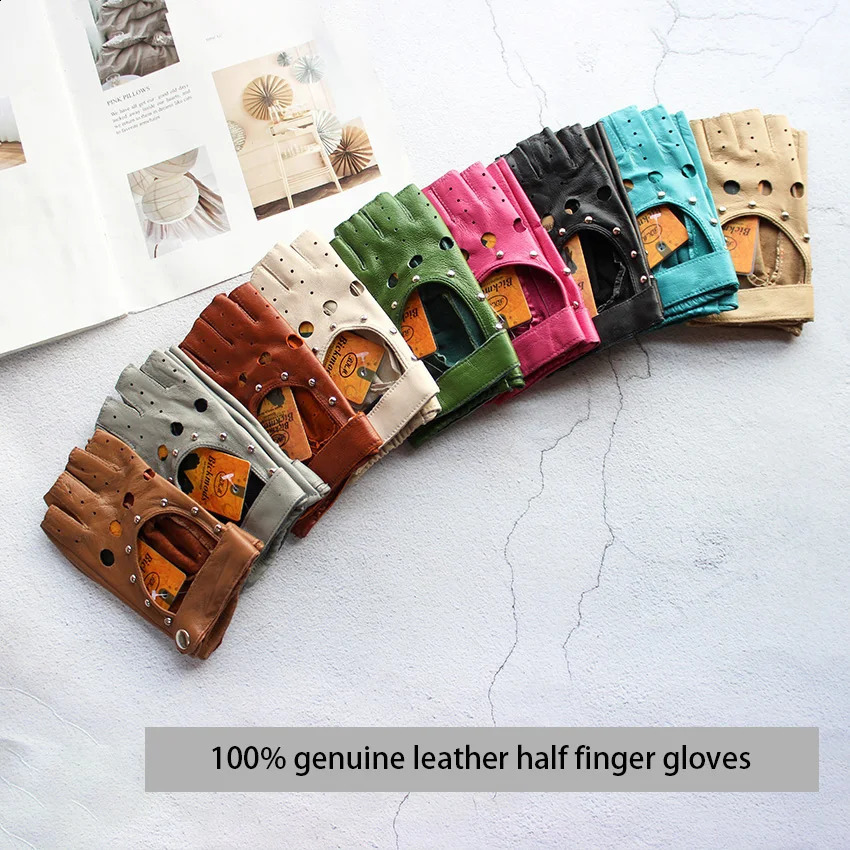 Summer Leather Driving Half Finger Gloves For Womens Fashionable Hollow Out Thin Motorcycle Riding Short Sheepskin Gloves 251027