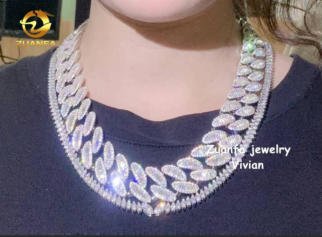 VVS Moissanite 20mm Pass Diamond Tester Iced Out Fine Jewelry Diamond Sterling Silver 925 Cuban Link Chain Necklace