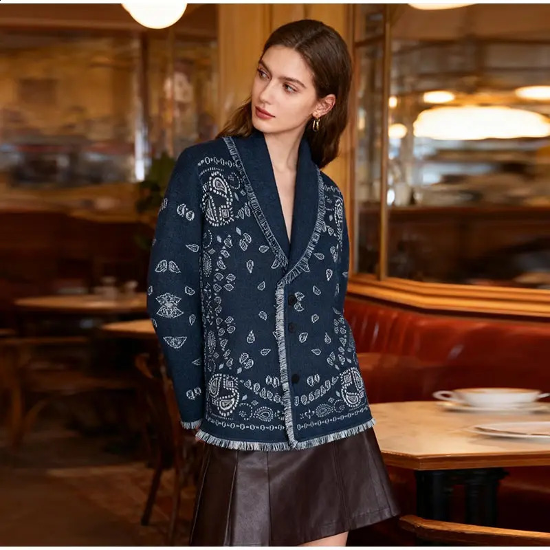 Print Knitted Tassel Short Sweater Women Vneck Full Sleeve Lace Up Cardigan 2025 Autumn Elegant Female Daily Casual Outerwear 251015