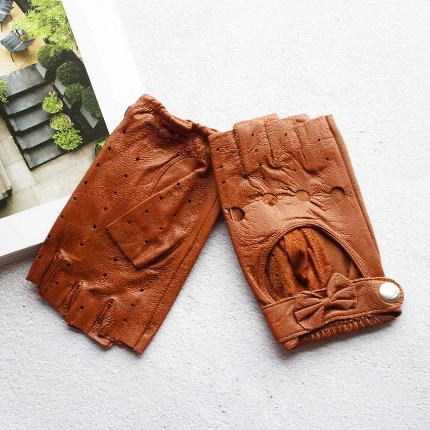 Leather HalfFinger Gloves Female Fitness Fashion Driver Driving SingleLayer Unlined Hollow Short Motorcycle Riding Gloves 251027