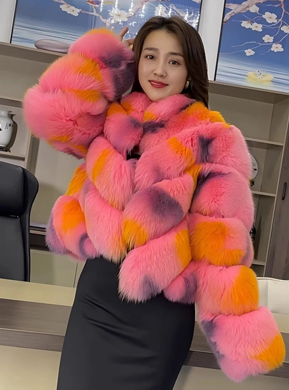 Finnish WholeSkin Fox Fur Coat For Women Short Young and Fashionable Style Painted Fur Coat 251027