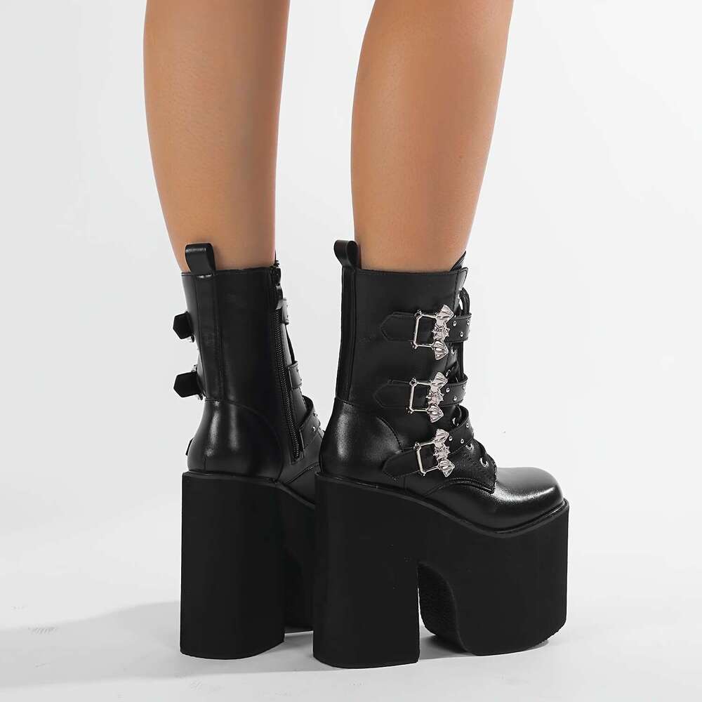 Women's Mid-Calf Platform Boots, Punk Style Solid Color, With Buckle Detail, Side Zipper, And Lace-Up Front, Flannel Lined, Rubber Sole, Hand Was