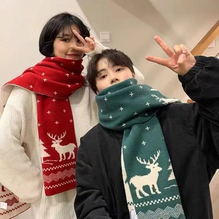 Christmas Women Men Scarf DoubleSided Deer Elk Teenager Girls Boys Knitted Shawl Adult Winter Scarves Family Year Gift 251024