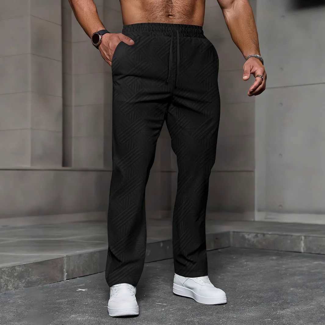 Mens sporty casual trousers fashionable jacquard elastic waist street pants solidcolor loose allseason pants W251028