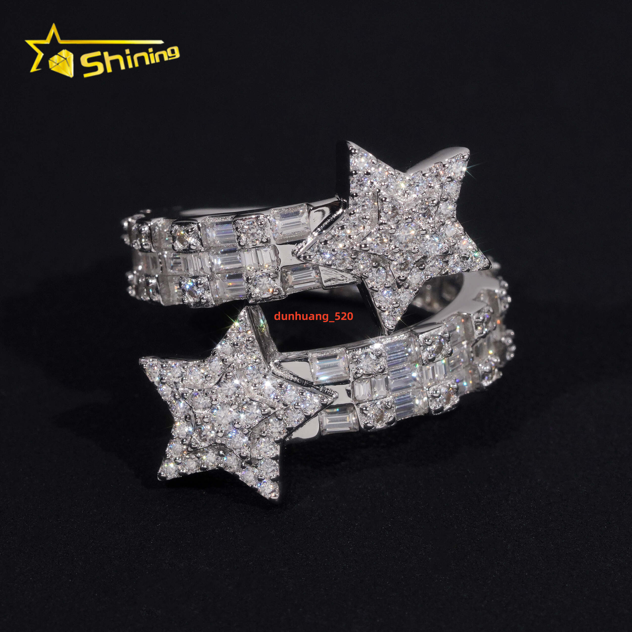 New Design 925 Sterling Silver Gold Plated Iced Out Baguette Moissnaite Pass Diamond Tester Star HipHop Rings