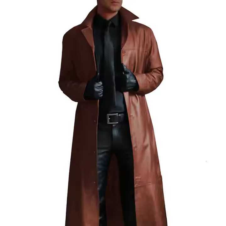 2022 Mens Long Gothic Moto Biker Windbreaker PU Leather Trench Coat Jacket Black Casual Punk Outwear Zipper Plain Dyed Canvas X2510281