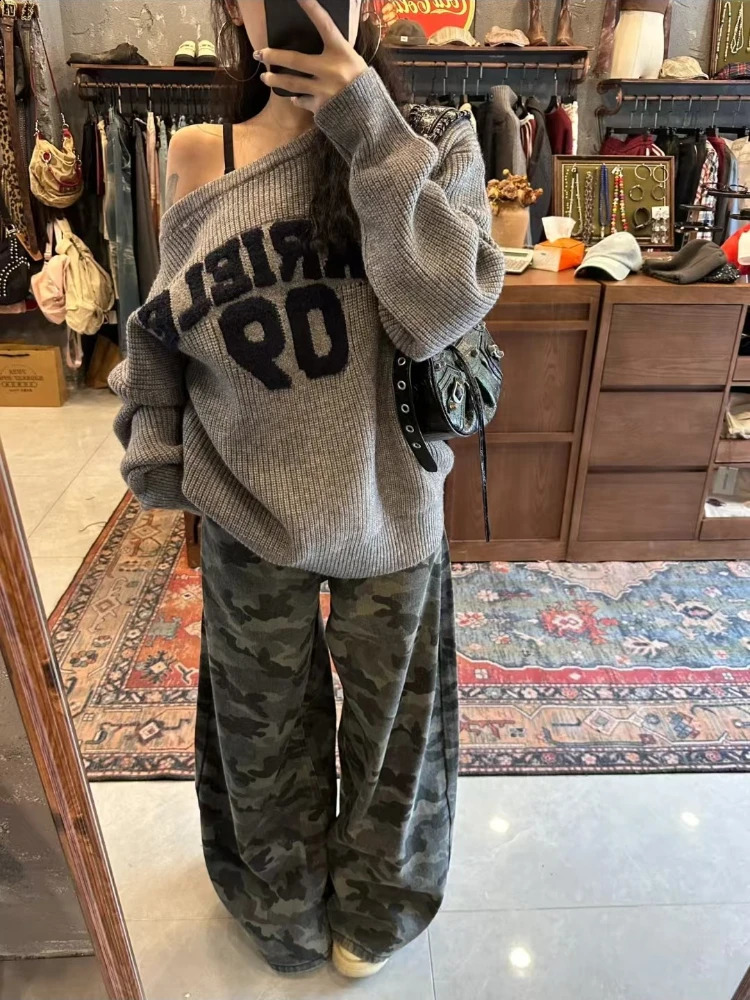 Y2k Retro American Letter Graphic Knit Sweaters Women Skew Collar Streetwear Hoody Harajuku Oversized Long Sleeve Tops Pullovers 251027