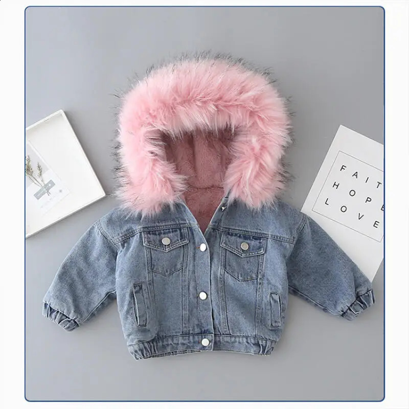 Baby Girls Coats Winter Denim Jackets with Fur Hooded Coats Girls Cotton Thicken Children Clothing Girl Jackets Christmas Gift 251027