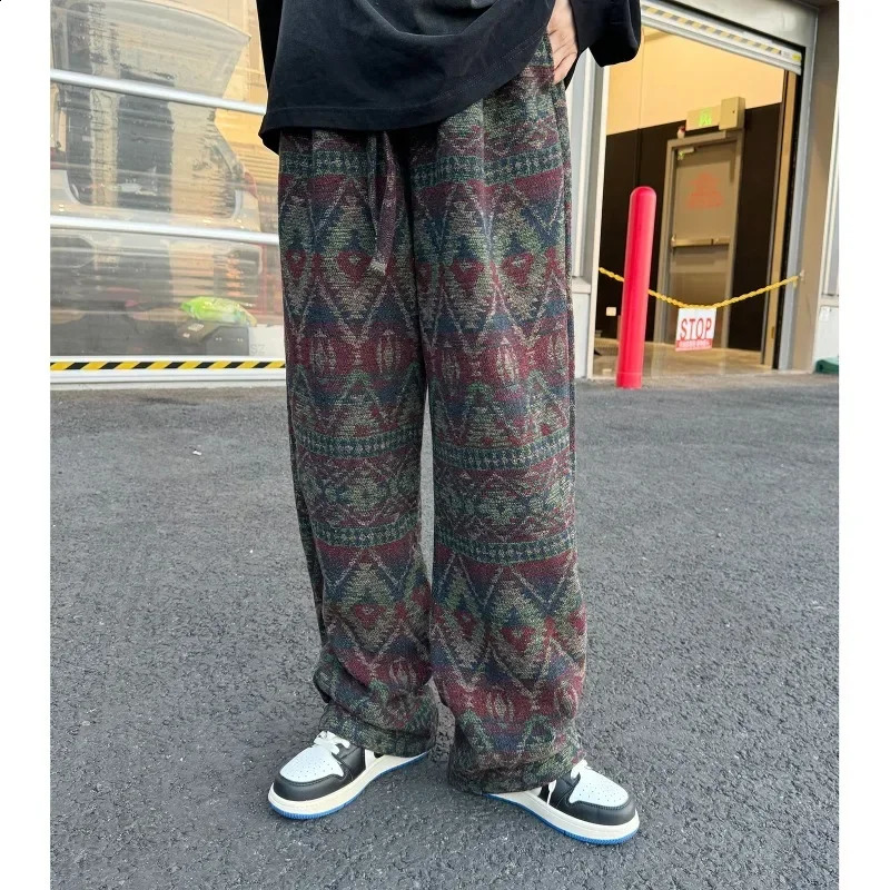Hippie Pattern Knitted Slacks Mens Autumn Winter Straight Baggy Pants Plaid Wide Leg Vintage Distressed Trousers 251027