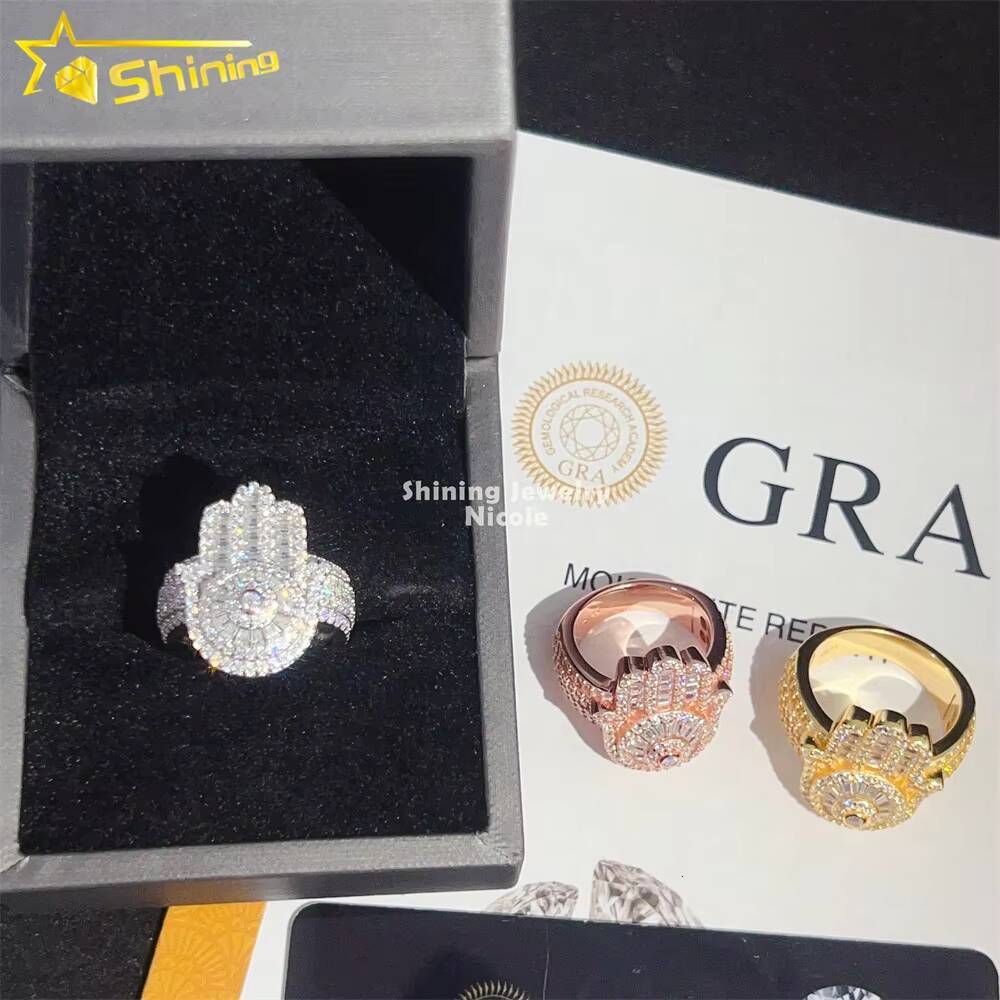 Wholesale Price High Quality Baguette Diamond 925 Silver Rings Hip Hop Moissanite Hamsa Hand Ring