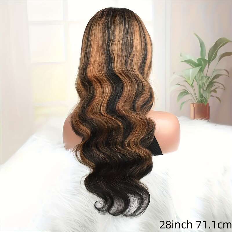 5X5 Glueless Lace Front With Brown Highlights - Pre-Plucked Loose Body Wave Human Hair Long Black Hairpiece For Women, Ready To Wear Natural Look, Wig