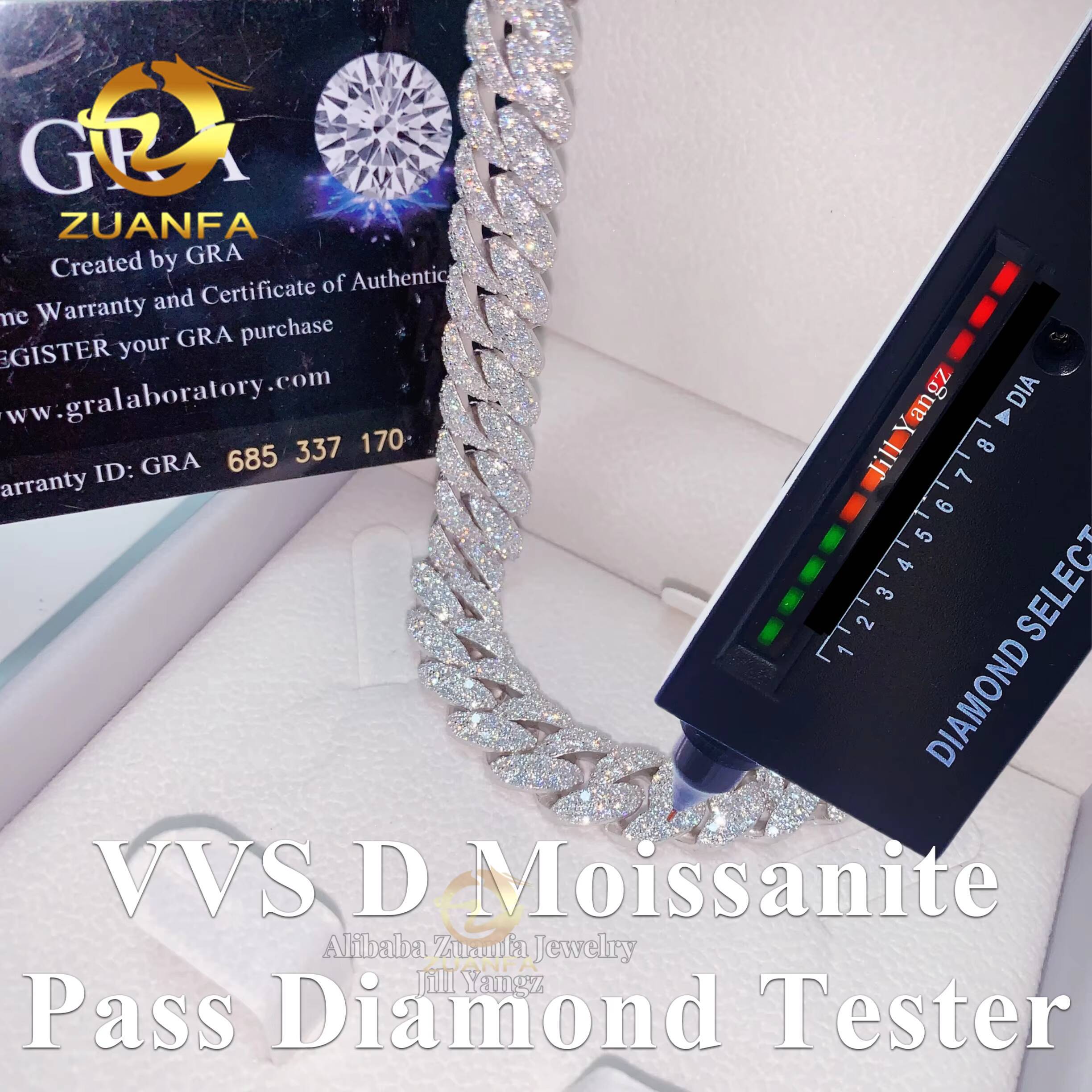 Two Row 12mm Moissanite Chain Cuban Links New Moon Soldier Chain Iced Out Necklace 925 Silver Cuban Link Chain Necklace