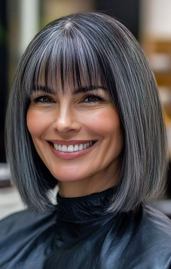 Raw hair salt and pepper human hair wigs long bob wigs style with bang fringe mixed highligth silver grey machine made wig natural scalp