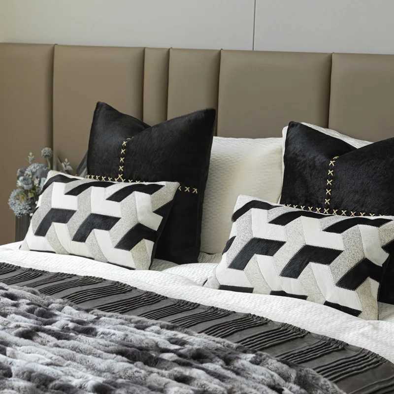 Pillow Case Light Luxury Leather Cushion Cover High End Model Room Black Genuine Leather case For Sofa Bed Living Room Home Hotel C251028