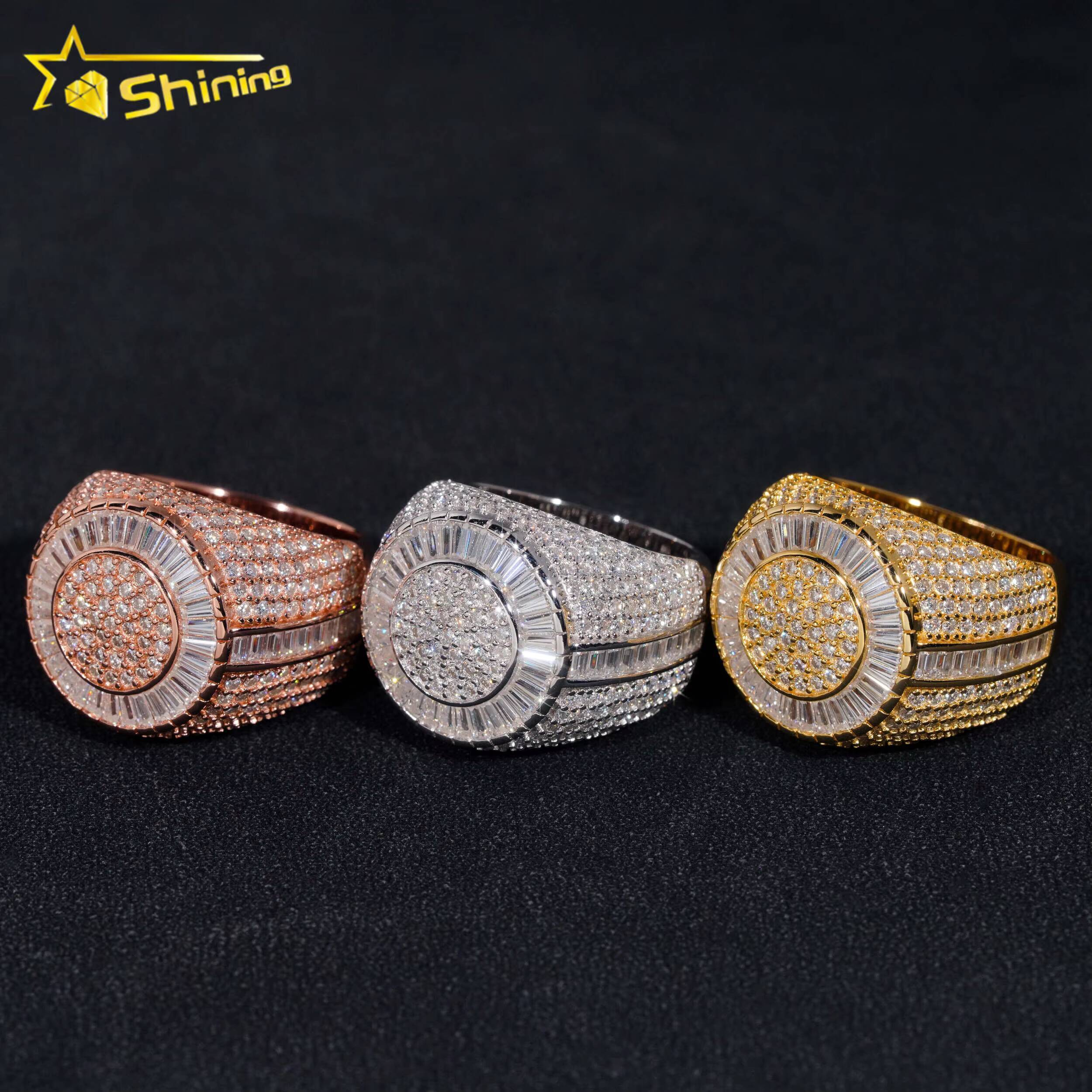 Ready to Ship New Arrival Iced Out Baguette Moissanite Diamond 925 Silver Gold Plated Hip Hop Rings for Men