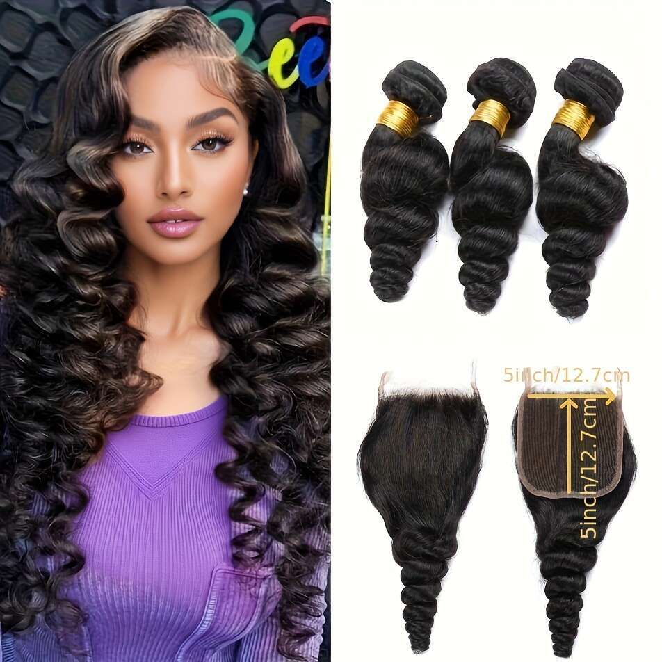 3 Bundles Brazilian Virgin - Natural Black Weave Women, Long Loose Wave Curly With & Length, Natural-Looking Hairline, High-Quality Lace Closure