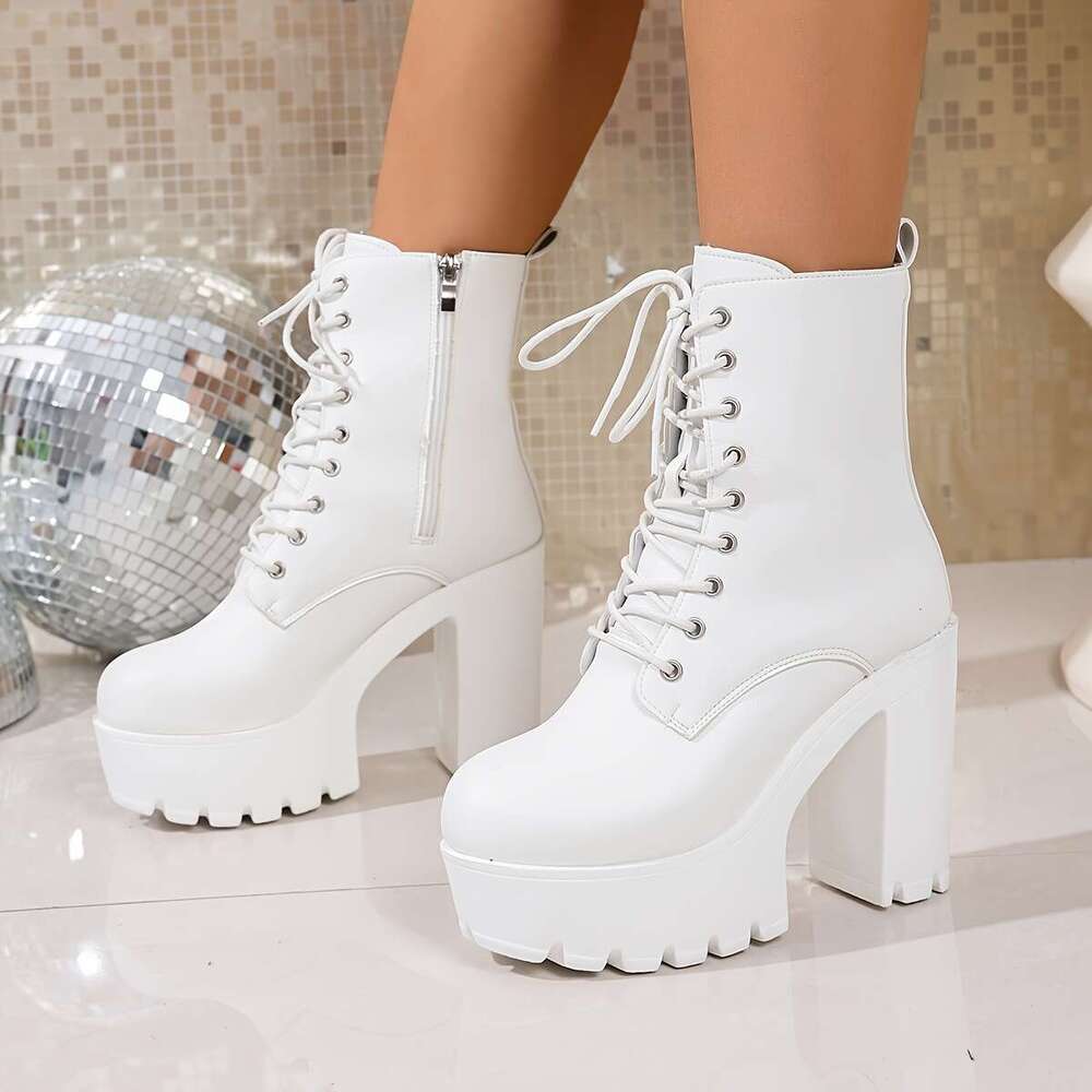 Women's Chunky Platform All-Season Lace-Up Side Zipper Closure, Cushioned Insole & Non-Slip Rubber Sole Elegant White Boots For Parties, Travel, 