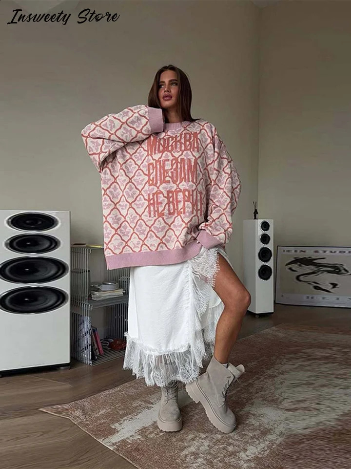 Fashion Letter Jacquard Knit Pullover Women Oversize Long Sleeve Oneck Classic Sweater 2025 Autumn Lady Casual Outerwear 251027