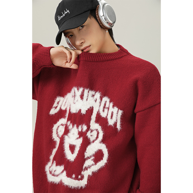 Cartoon Hand-painted Imitation Mink Round Neck Sweater Designer Sweater Men Autumn Winter New Three-dimensional Jacquard Trendy Brand Loose Knitwear C