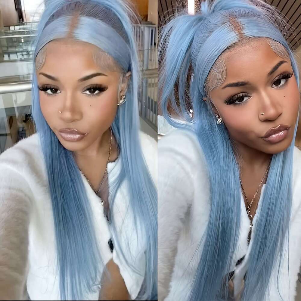 Women's 28 Inch Sky Blue Straight Synthetic Front Wig, High Temperature Fiber, Glueless HD Frontal, Soft Silky Hair For Halloween, Party, Cosplay