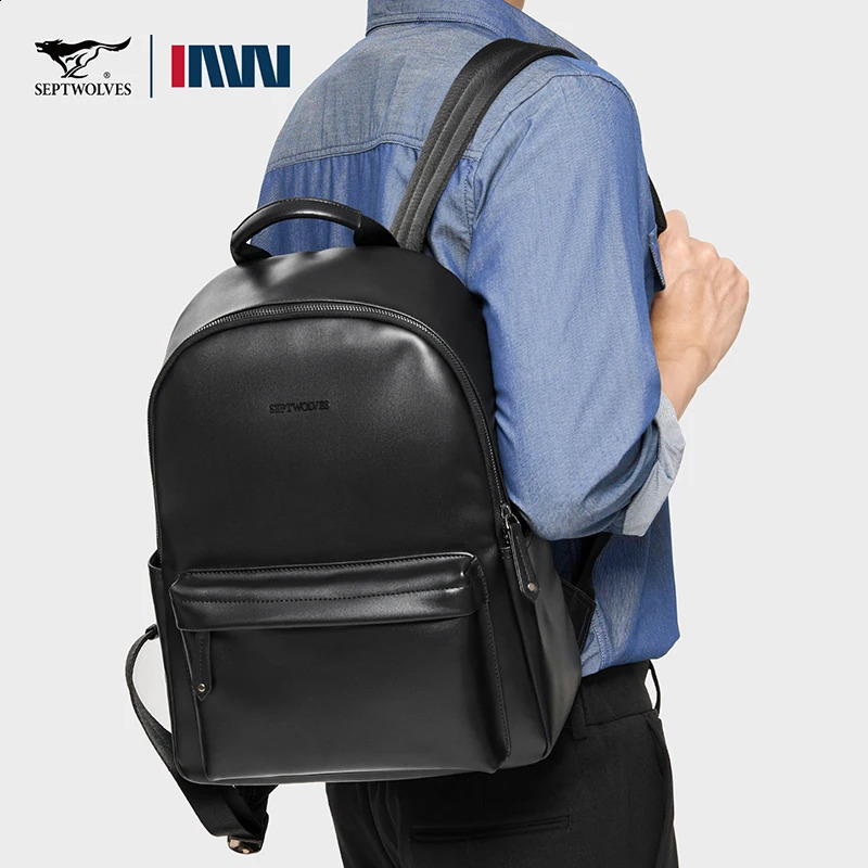 Septwolves Casual Business Large PU Leather Backpack Men Women Waterproof Laptop School Bag Male Classics Travel Knapsack 251018