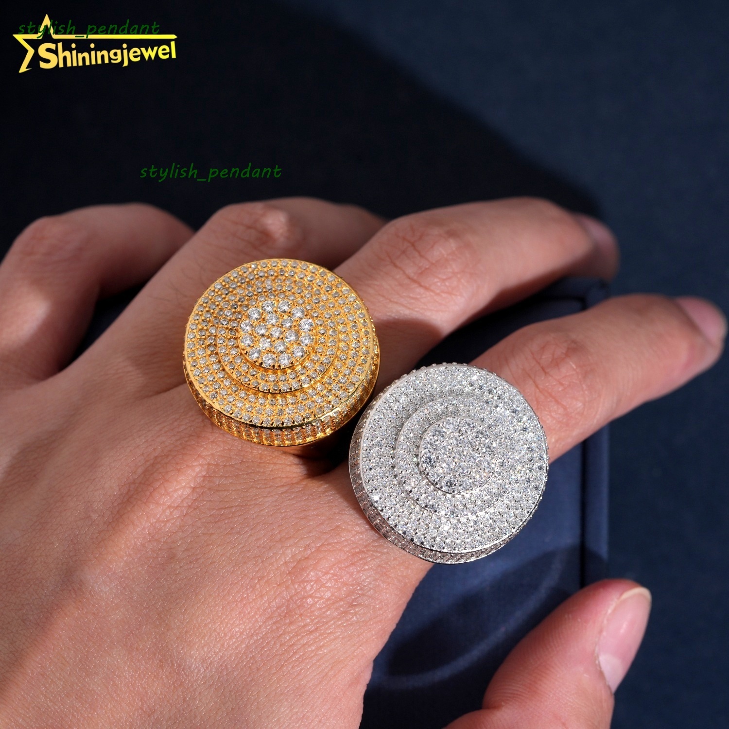 Chunky Championship Ring Round Table Front Top Ring Pass Diamond Tester Hip Hop Jewelry 925 Silver Diamond Moissanite Men Ring