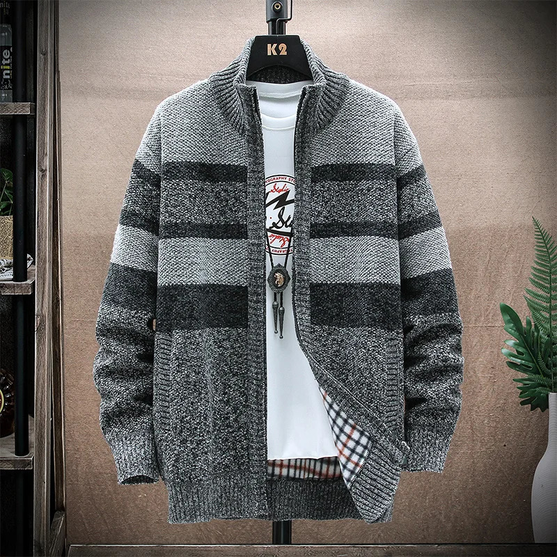 Mens Winter Striped Sweater Cardigan Patchwork Thick Warm Sweaters Coat Fleece Knitwear Zip Up Male Jacket 251017