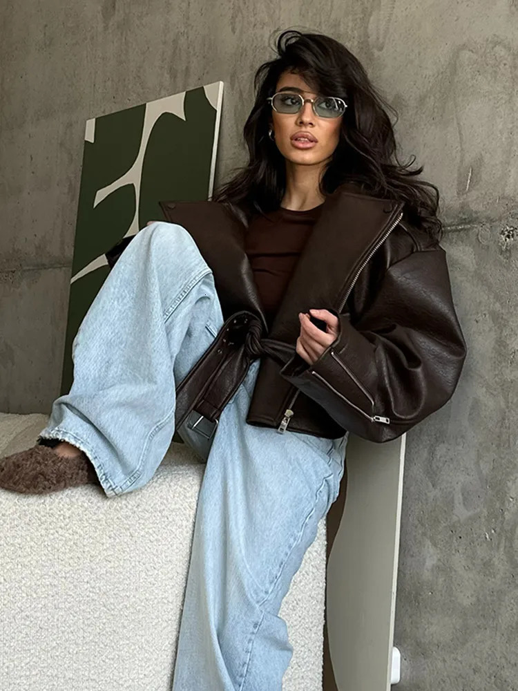 Women Chic Brown Leather Jacket With Belt Chic Long Sleeve Laple Zipper Short Coats 2025 Autumn Ladies Street Biker Jackets 251029