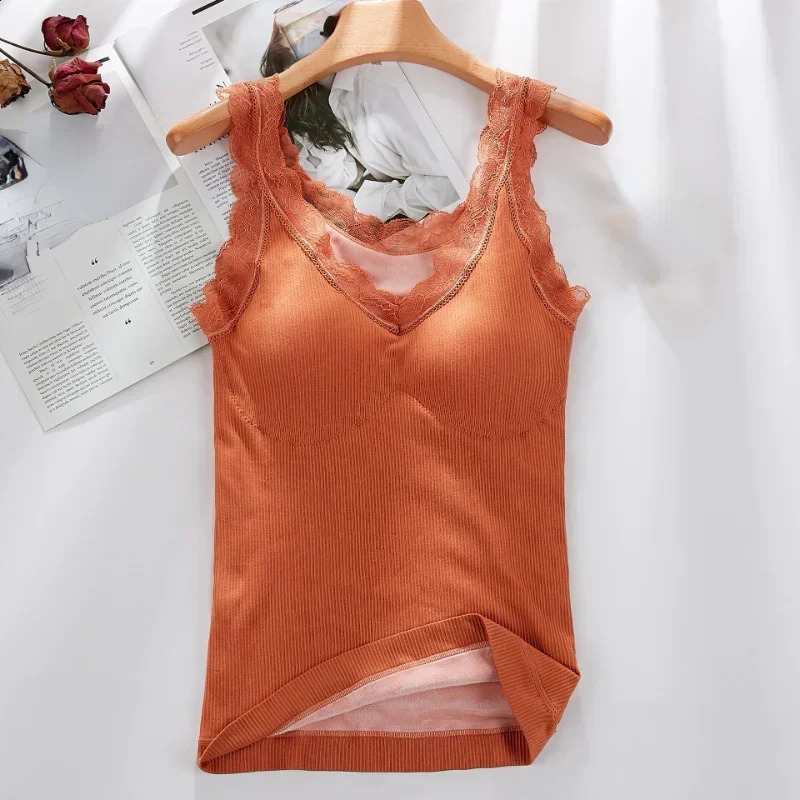 4090 Kg Plus Size Thermal Underwear Female Velvet Lace Vneck Sexy Slim Warm Vest Camisole Cotton Tank Tops 251027