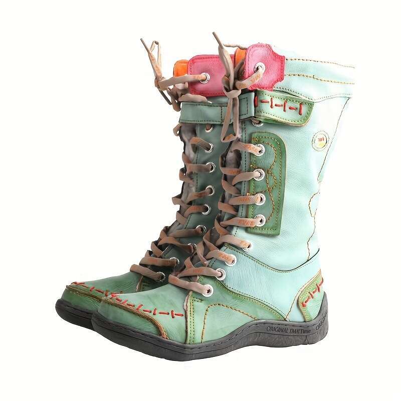 TMA EYES MAIA Women's Handmade Genuine/Microfiber Leather Winter -Like, Lace-Up Mid-Calf Round Toe Booties With TPR Sole, Grey/Black/Brown/Red Co