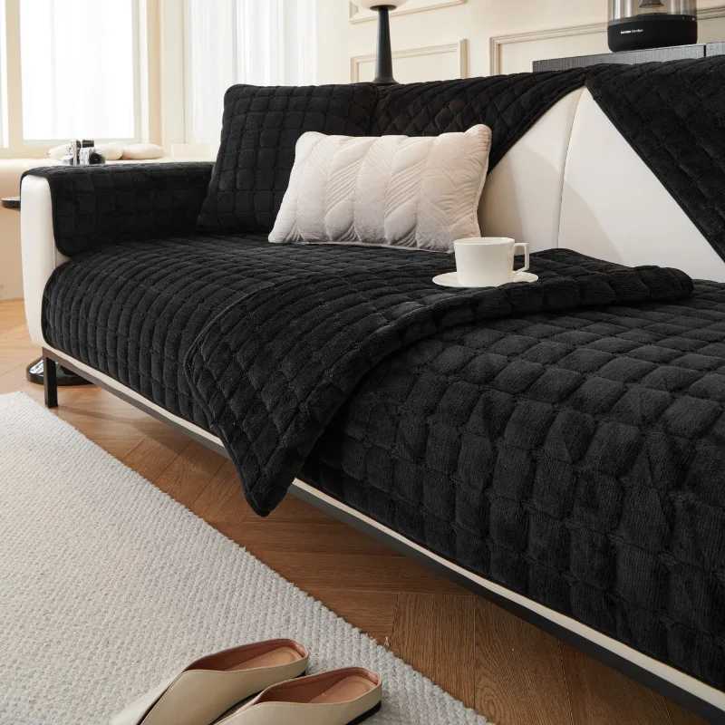 Thickened Flannel Sofa Cushion Simple Plaid Velvet Plush NonSlip Cushion Leather Dustproof Living Room Sofa Cover Armrest Towel C251028