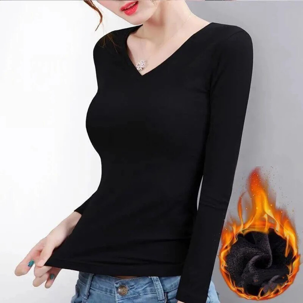 1pcs Women Autumn Winter Longsleeved Tshirt Lady Thermal Underwear Thick Velvet Slim Fit Fashion Style Vneck Top 251027
