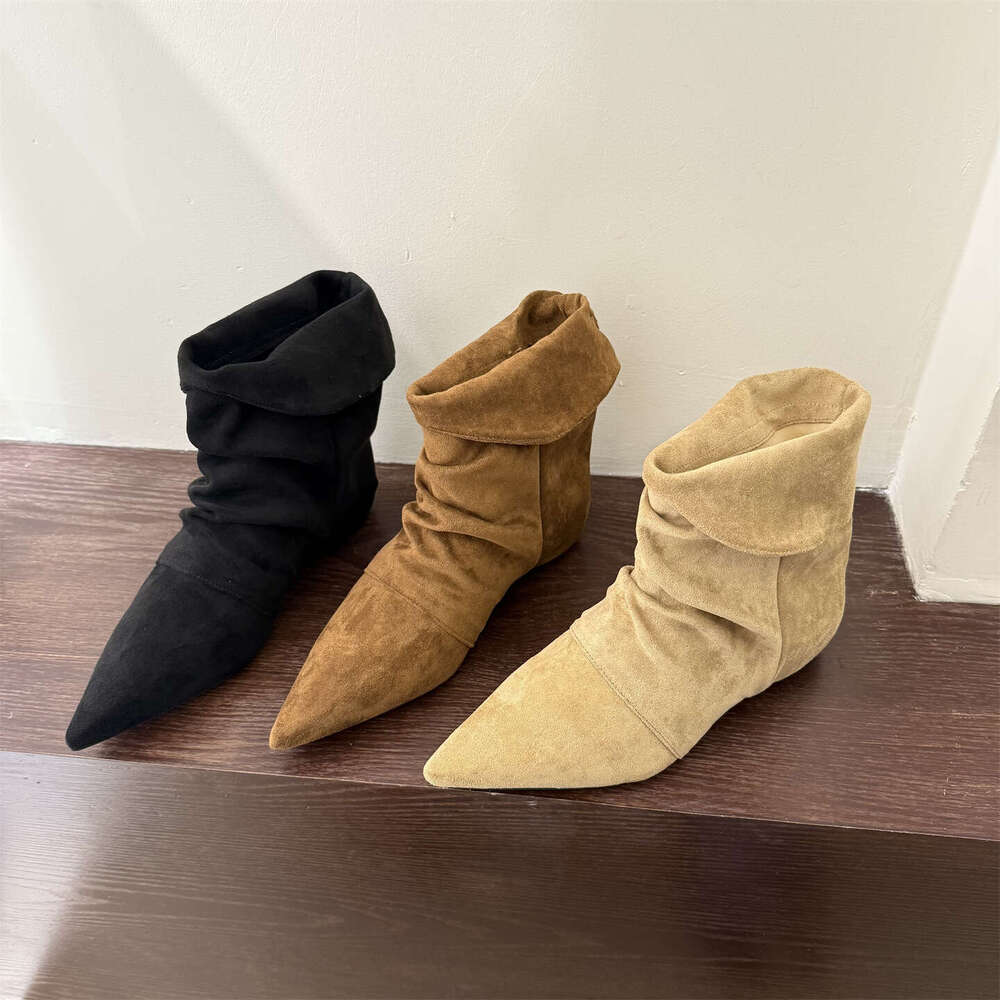Women's 2025 Autumn Slim High-Heel Boots - Designer Khaki Slouchy Short Boots, Single Pointed Toe with Inner Height Increase